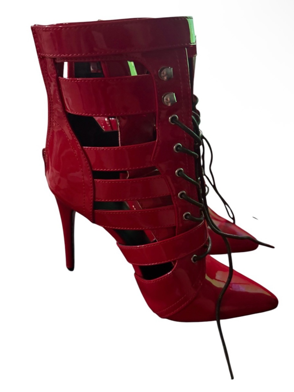 Red Patent Lace-Up Pointed-Toe Women's Boots - Picture 2 of 6